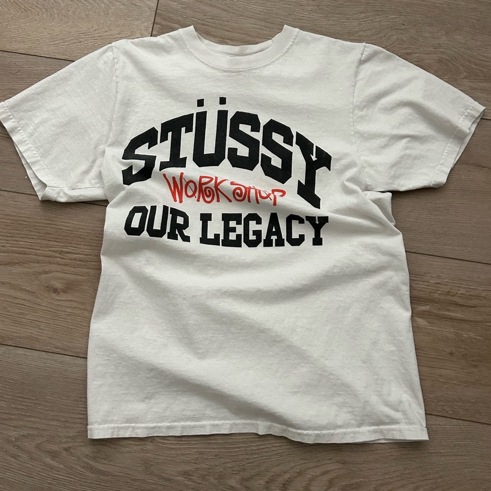 Stussy White and Black Graphic Tee